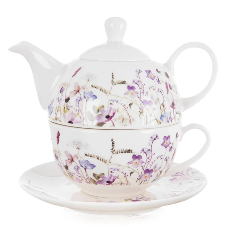 Obniżka ceny Dzbanek z filiżanką do herbaty porcelanowy kwiaty LOUKA 3 el.
