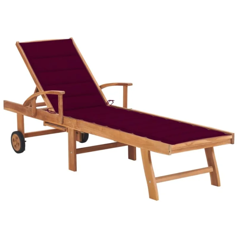 Oferta limitowana Leżak z poduszką w kolorze winnej czerwieni, lite drewno tekowe