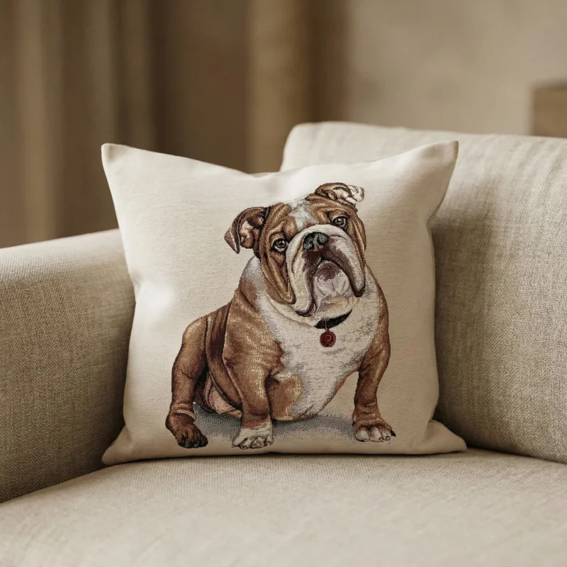 Poszewka dekoracyjna z buldogiem KISS 45x45 cm beżowa Tylko do końca tygodnia