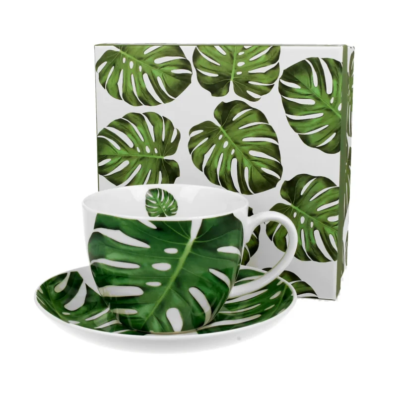 Zniżka Filiżanka do kawy i herbaty porcelanowa ze spodkiem DUO TROPICAL MONSTERA 470 ml