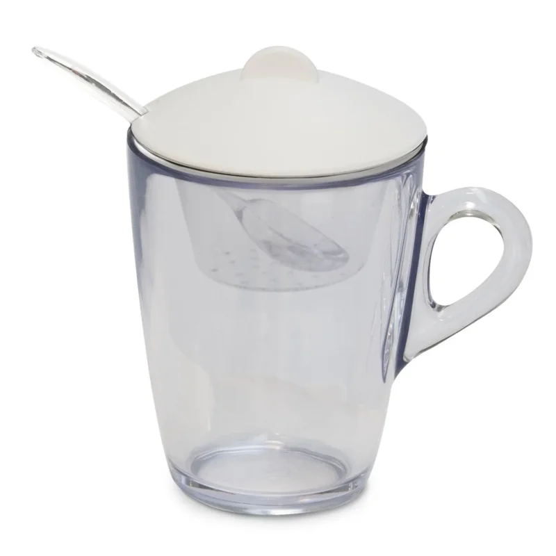 Tani Kubek akrylowy z zaparzaczem, łyżeczką i pokrywką OMADA PANGEA BIAŁY 300 ml